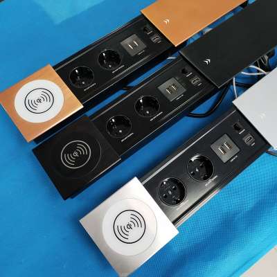 Laser Logo aluminum alloy EU power outlet multimedia data rj45 hdmi conference table sliding cover socket with wireless charger